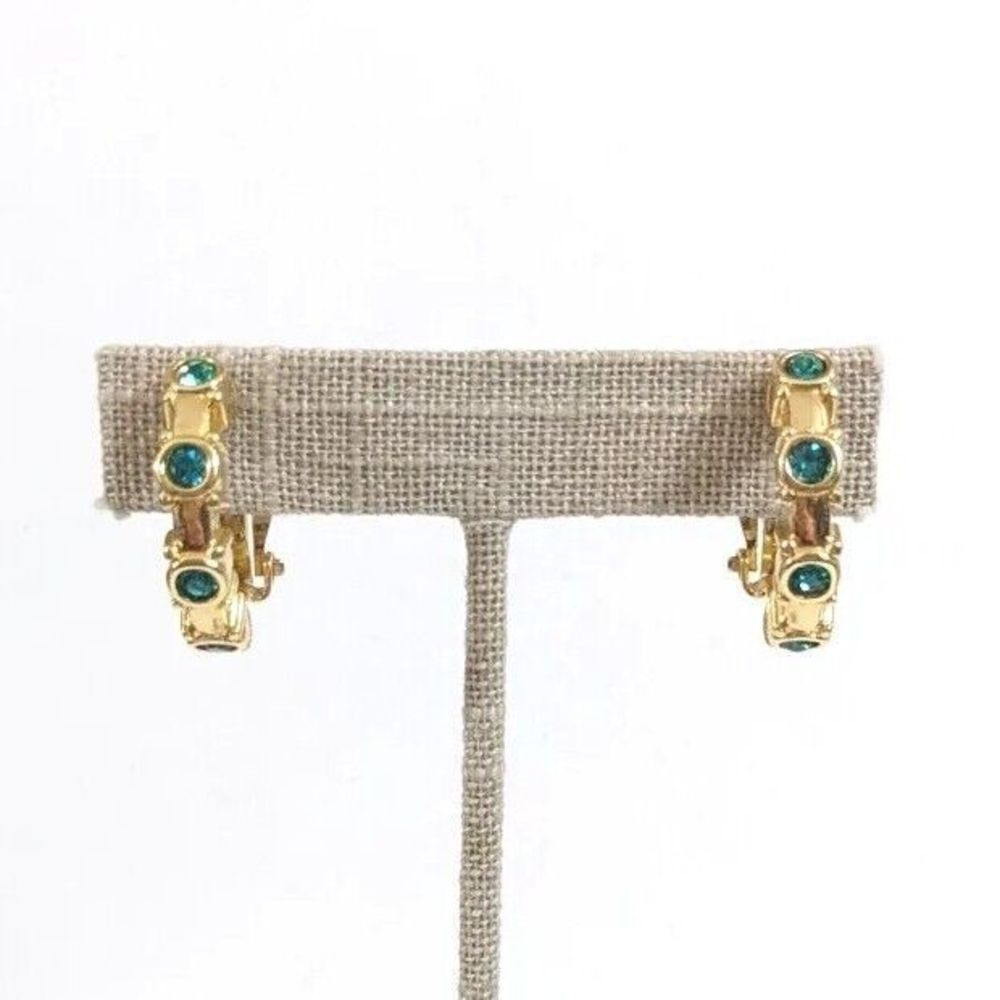 Teal crystal Gold Toned hoops Clip On Earrings - Signed Swarovski Swan Stamp
